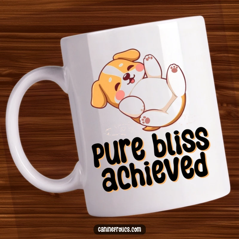 Funny Dog Mug: A silly dog blissfully rolling on its back, paws playfully batting the air, embodying pure, uninhibited joy and relaxation.
