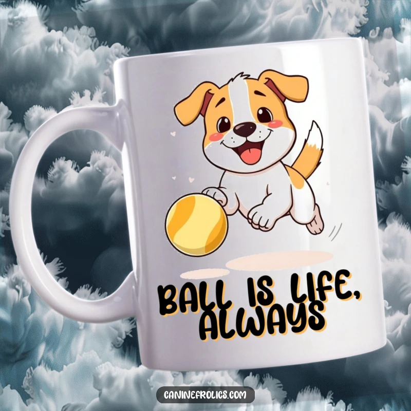 Funny dog mug depicting a canine character joyfully mid-chase after a bouncing ball, capturing energetic playfulness and excitement.