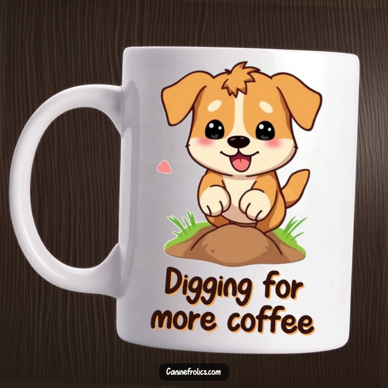 Funny Mug: An excited dog digs furiously, paws flying, creating a humorous scene of pure canine excavation and joyful mess.