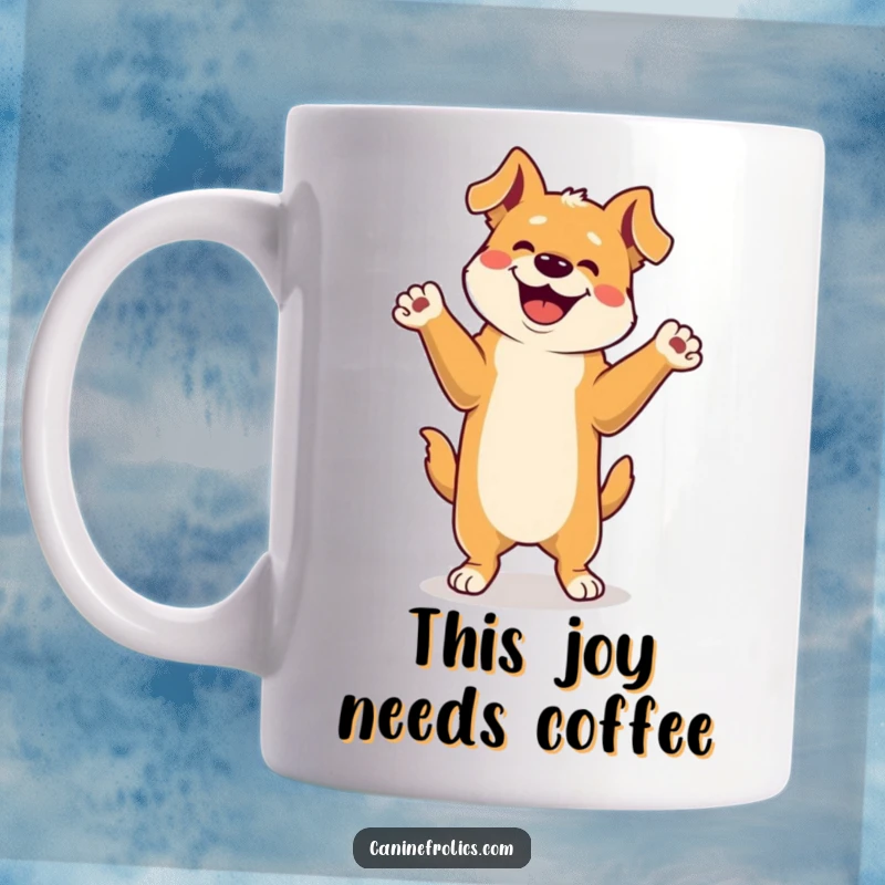 Funny Mug: A happy dog on hind legs, paws joyfully in the air, celebrating life's simple pleasures with infectious glee.