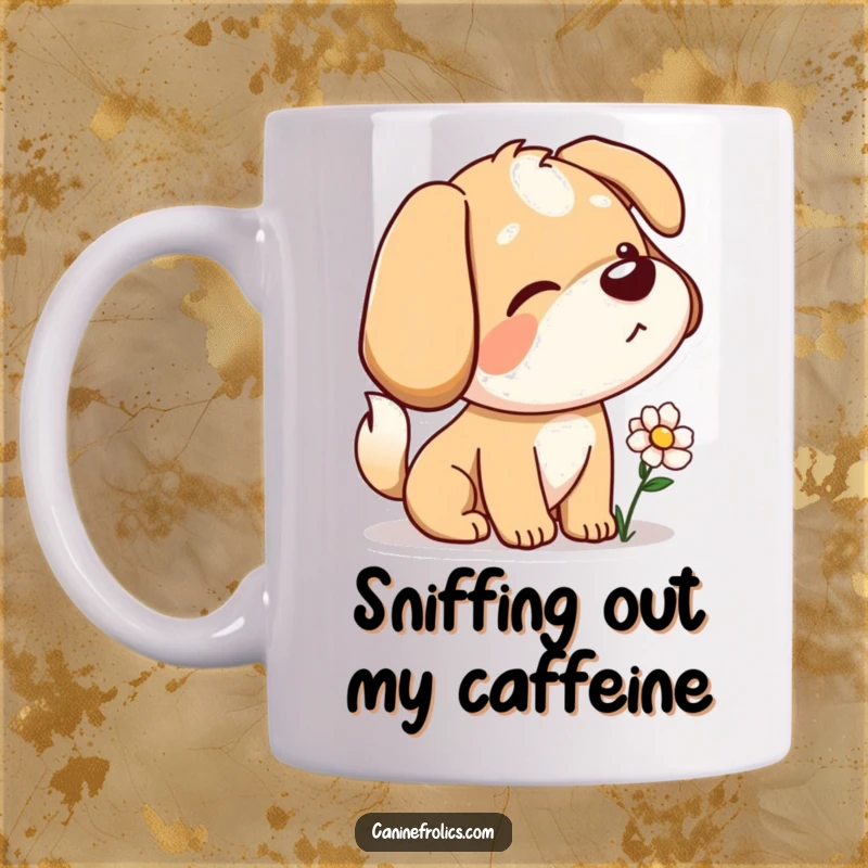 Funny mug featuring a dog character with a playful tail wag, curiously sniffing a colorful flower, showing gentle inquisitiveness.