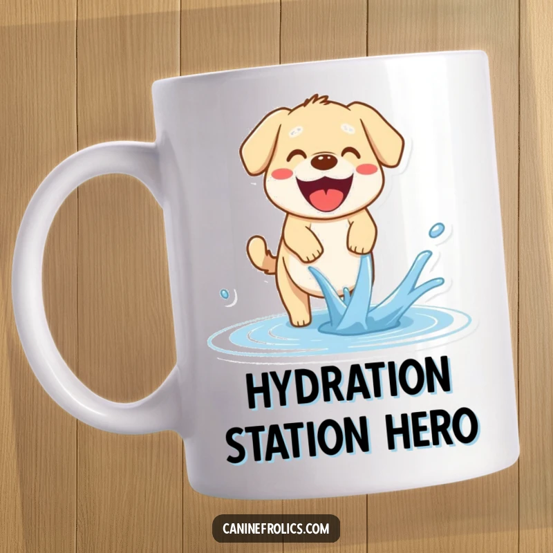 Funny Dog Mug: A happy dog with an open pant pants enthusiastically while trying to catch a stream of water, looking delighted.