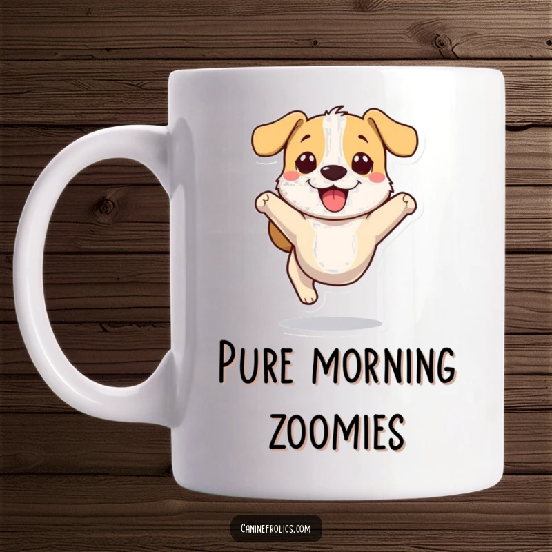 Funny stylized dog mug of a small dog character bounding joyfully with legs in the air, pure happiness.