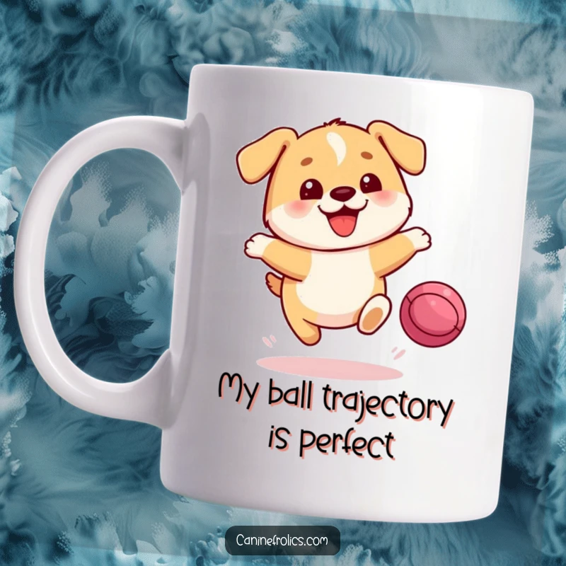 Funny Dog Mug: A small, round dog with a joyful expression leaps enthusiastically towards a red bouncing ball, ready for playtime fun.