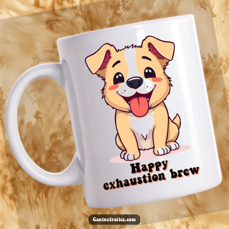 Funny mug with a dog panting happily, tongue out, eyes closed contentedly after a satisfyingly fun activity, radiating pure joy.