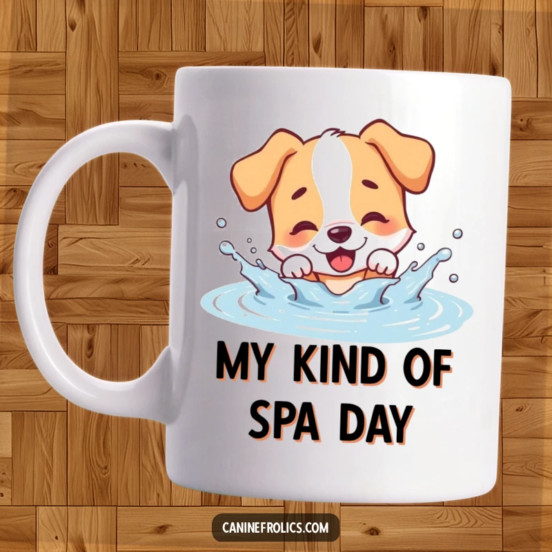 Funny dog mug, a joyous dog character gleefully splashing water everywhere in a muddy puddle, pure wet dog fun.