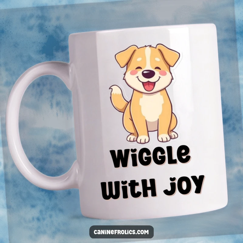 Funny mug showing a dog with its tail wagging so vigorously that its entire body is shaking with pure, unadulterated joy.