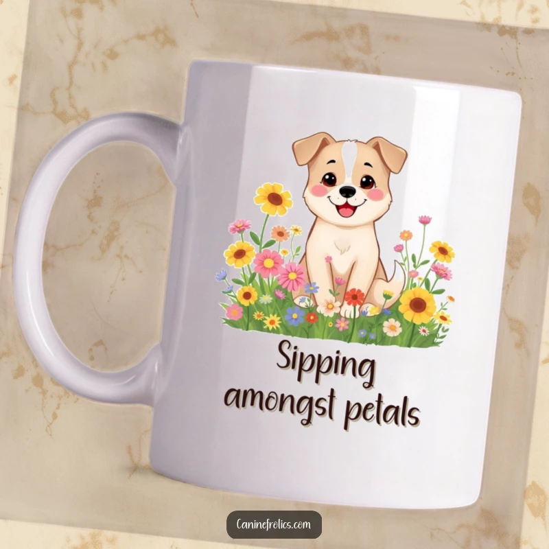 Funny Dog Mug: A smiling dog character sitting peacefully amidst a vibrant field of colorful wildflowers.