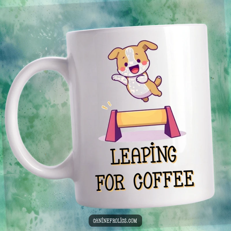 Funny dog mug featuring an excited character leaping gleefully over a small, colorful obstacle, embodying pure playful energy and accomplishment.