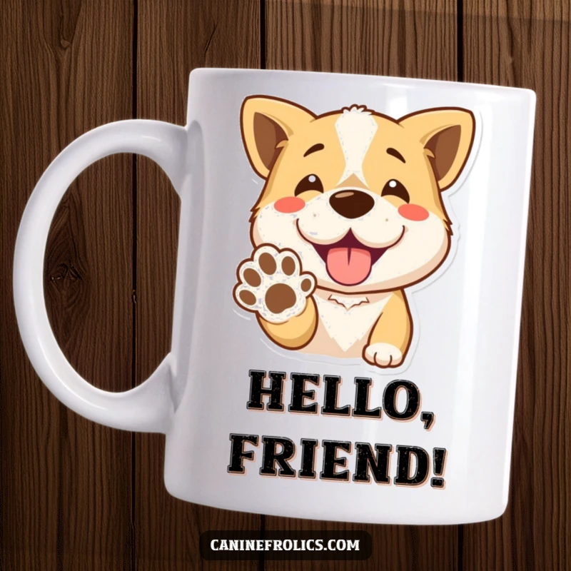 Funny Mug: A cheerful dog with a wide, open-mouthed smile offers its paw in a friendly greeting. A humorous gift for dog fans.