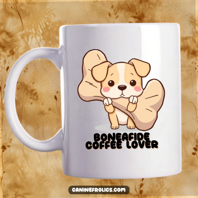 Funny dog mug with a cute character peeking comically from behind an enormous, oversized bone, evoking curiosity and playful secrets.