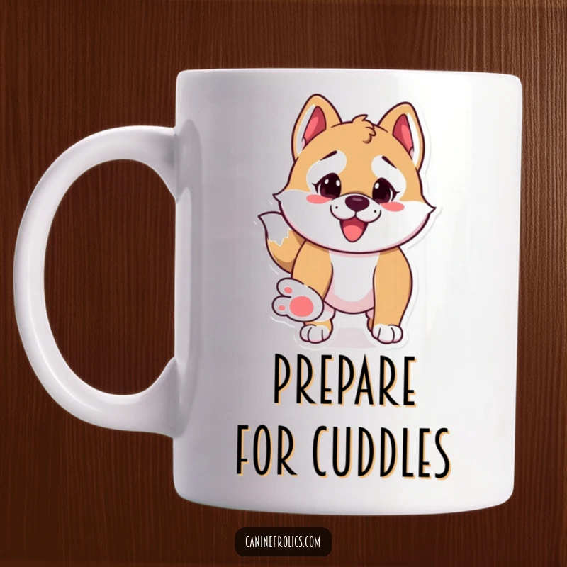 Funny mug showing a determined dog with paws extended, in the comical stance of being ready to pounce.