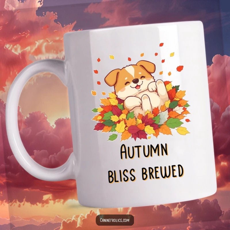 Funny mug depicting a dog ecstatically rolling in a vibrant pile of colorful autumn leaves, embodying pure, unadulterated fall joy.