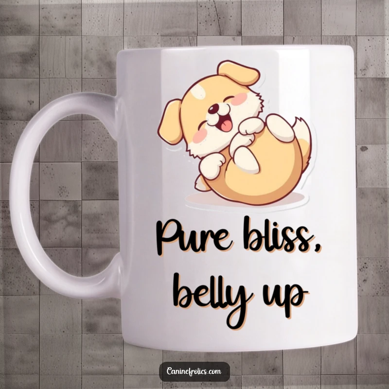 Funny mug showcasing a dog blissfully rolling on its back with utmost happiness and abandon.