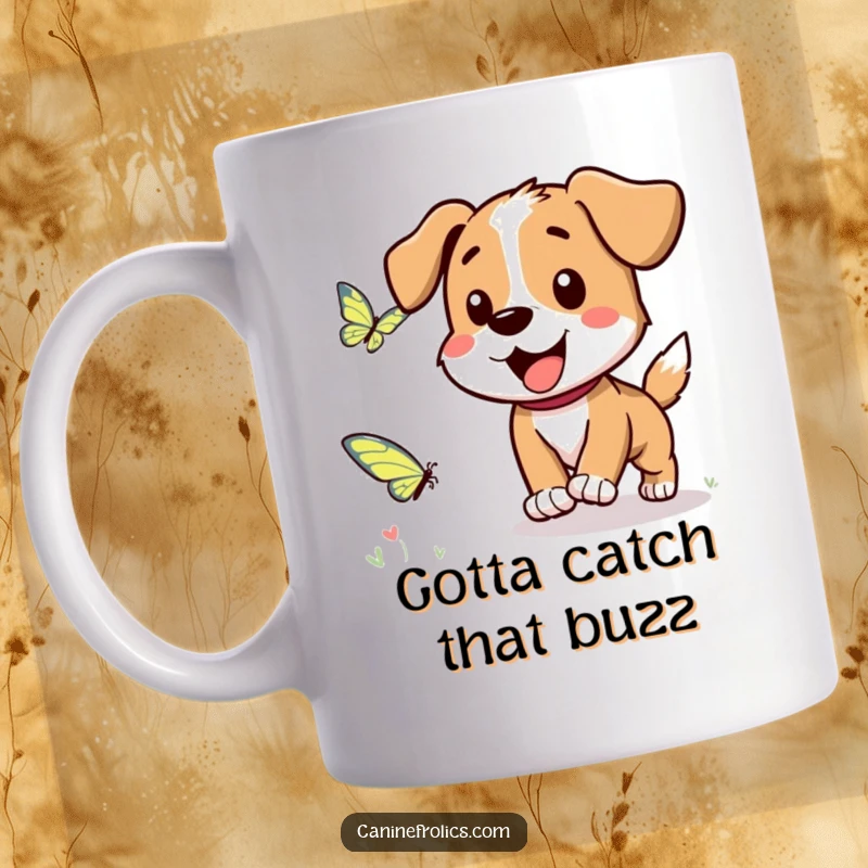 Funny Dog Mug: A joyful dog character gleefully chasing a colorful, fluttering butterfly through a sunny meadow.