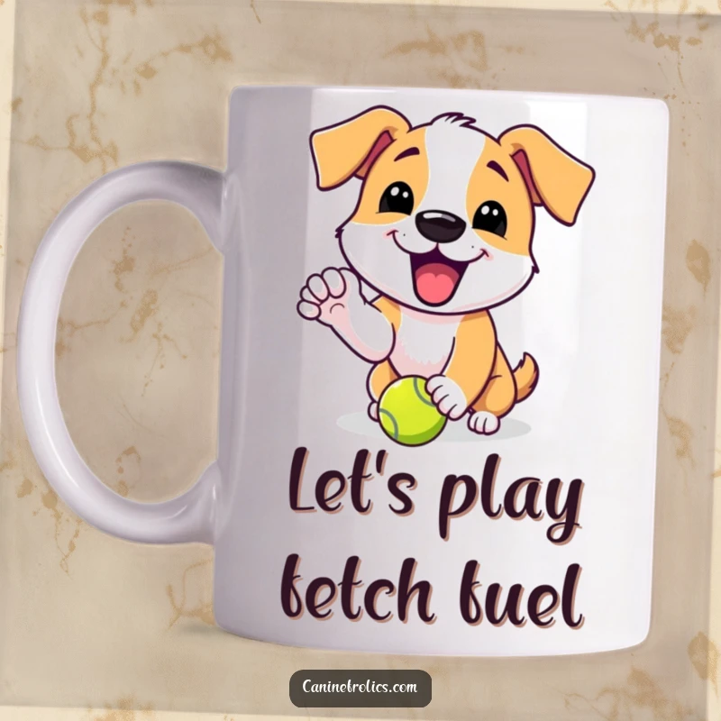 Funny mug featuring a dog character with an excited yip, playfully nudging a tennis ball, radiating pure energy.