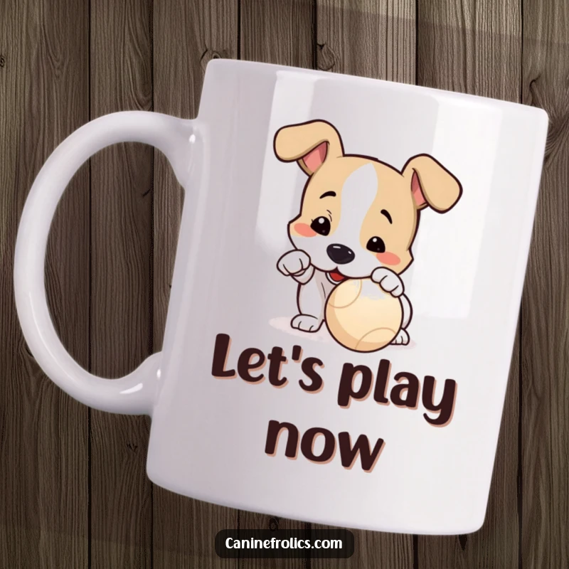 Funny Dog Mug: An eager dog playfully nudging a ball with its nose, ready to start a game, radiating anticipation and fun.