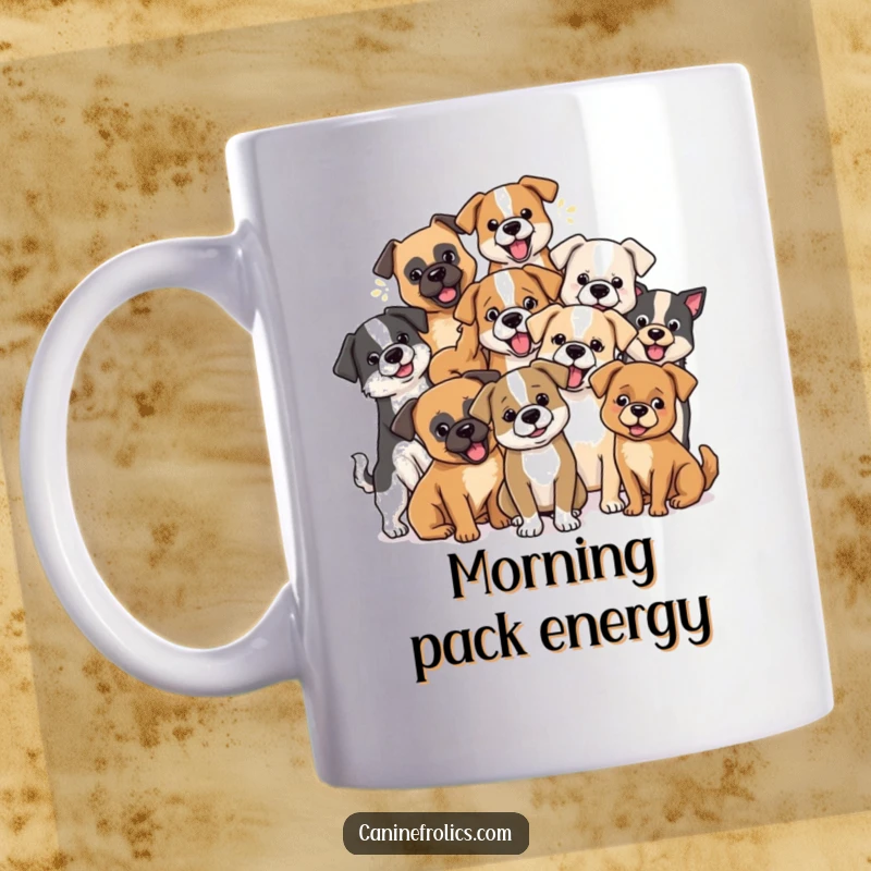 Funny dog mug displaying a lively group of diverse dog breeds playfully interacting and having a joyous time together.