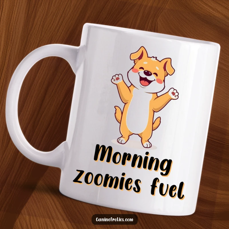 Funny Dog Mug: A joyful dog performing a happy dance on its hind legs with paws raised high, radiating infectious happiness and celebratory energy.