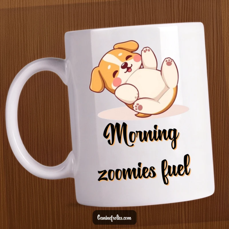 Funny Mug: A happy dog is rolling on its back, paws playfully batting at the air in a picture of absolute, hilarious contentment.
