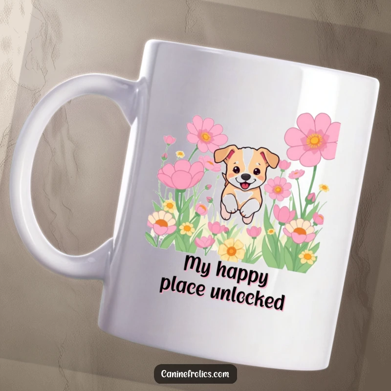 Funny mug featuring a tiny dog puppy gleefully bounding through a field of giant, colorful flowers, showcasing pure canine bliss and energy.