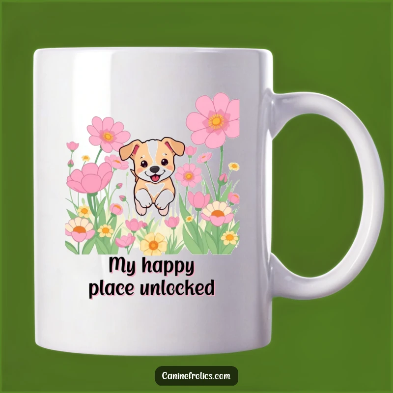 Funny Puppy Flower Field Mug: Adorable Dog's Joyful Bound, Perfect Enthusiastic Gift