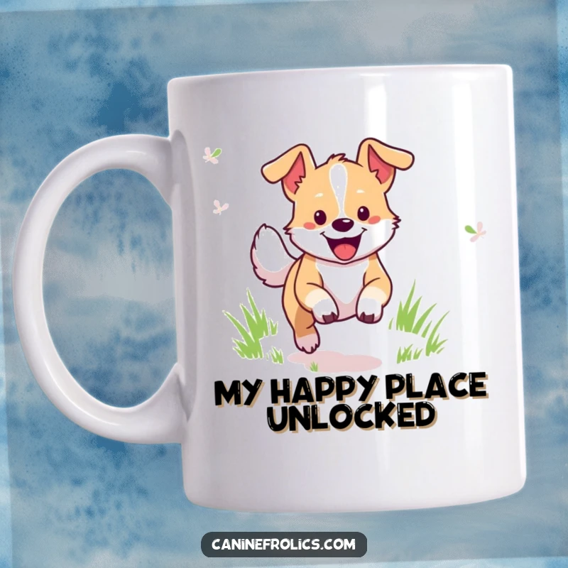 Funny Dog Mug: Cheerful dog character leaping joyfully through a vibrant grassy field, embodying pure happiness and playful energy.