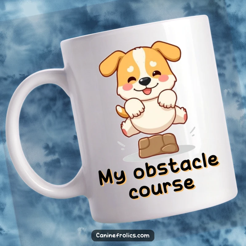 Funny mug featuring an excited dog mid-leap with paws outstretched, celebrating a small obstacle jump with pure, happy energy.