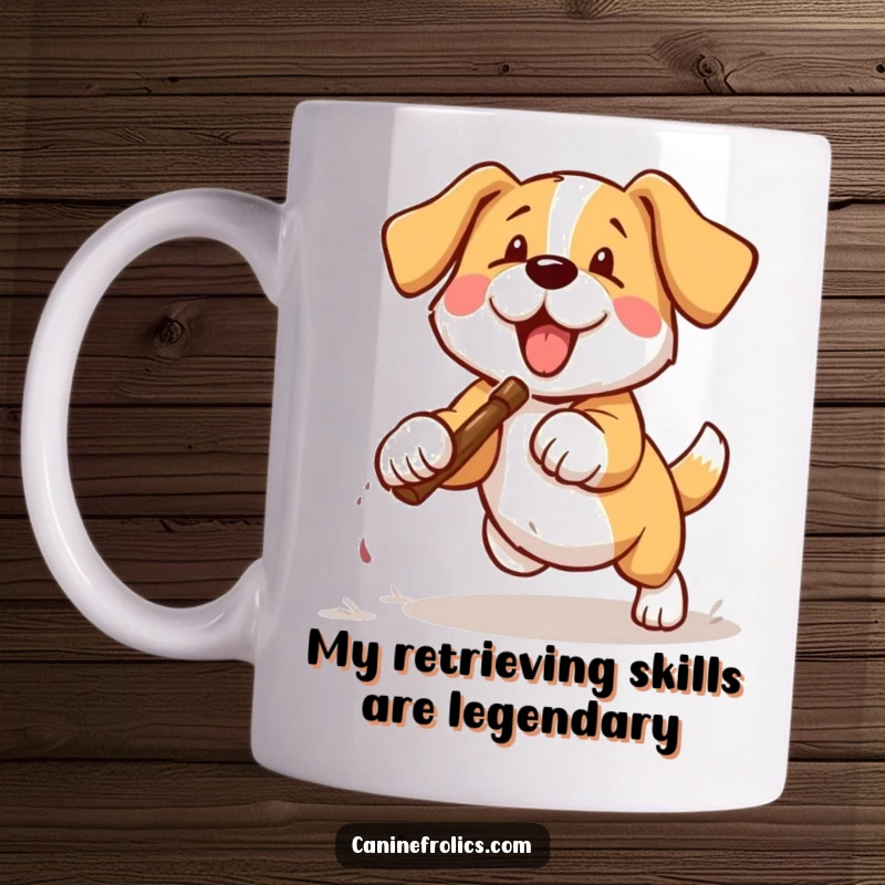 Funny dog mug showing a happy dog in mid-air, eagerly fetching a thrown stick with pure canine enthusiasm.