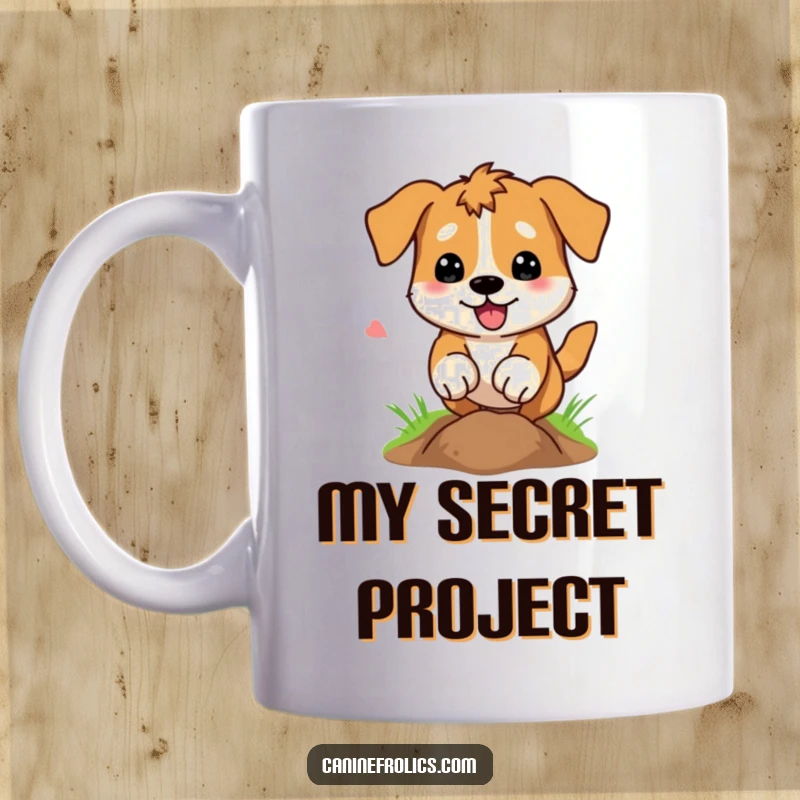 Funny Dog Mug: An excited dog intensely digging a hole, paws flying energetically, showcasing a passion for excavation and playful mayhem.