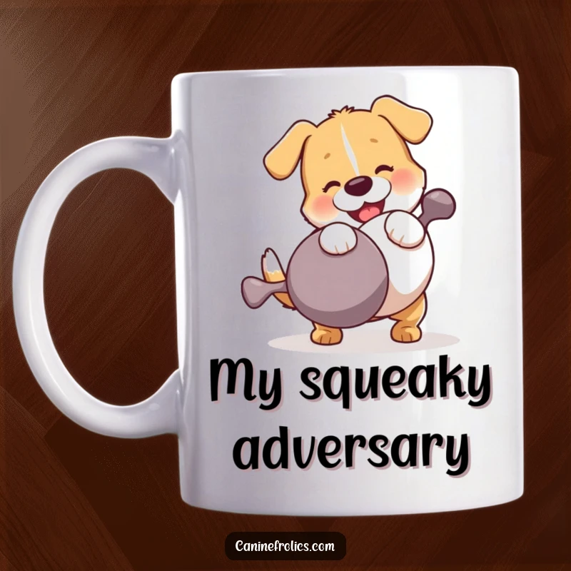 Funny Dog Mug: Energetic dog gleefully wrestling a comically oversized squeaky toy, embodying pure, uncontainable canine joy and playful chaos.