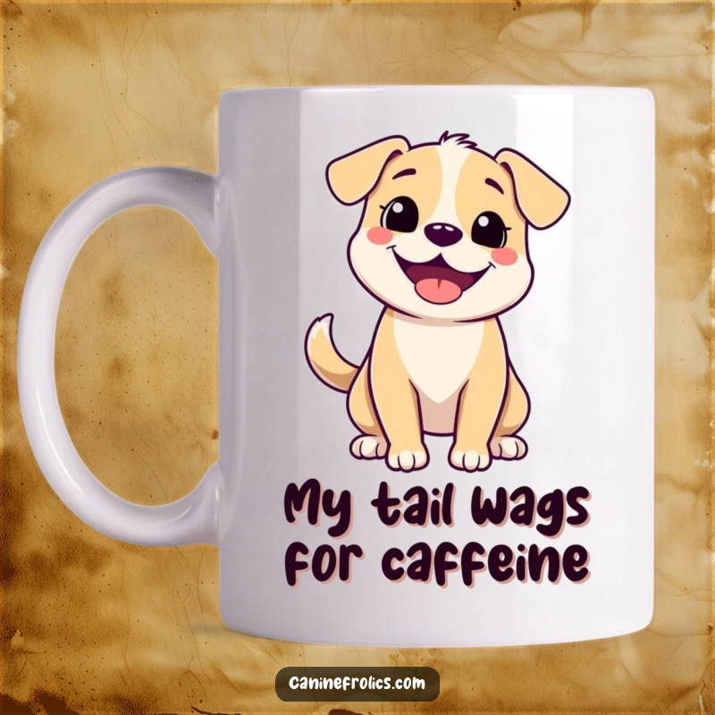 Funny mug featuring a super happy dog with a wide grin and a furiously wagging tail, radiating pure joy and excitement.