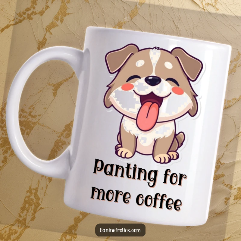Funny mug showing a happy dog with its tongue lolling out, panting with pure, unbridled joy and contentment.