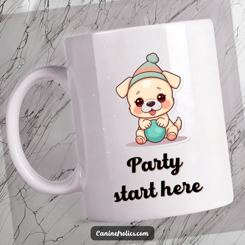 Funny dog mug showing a dog wearing a tiny party hat, happily playing with a squeaky toy, full of festive cheer.
