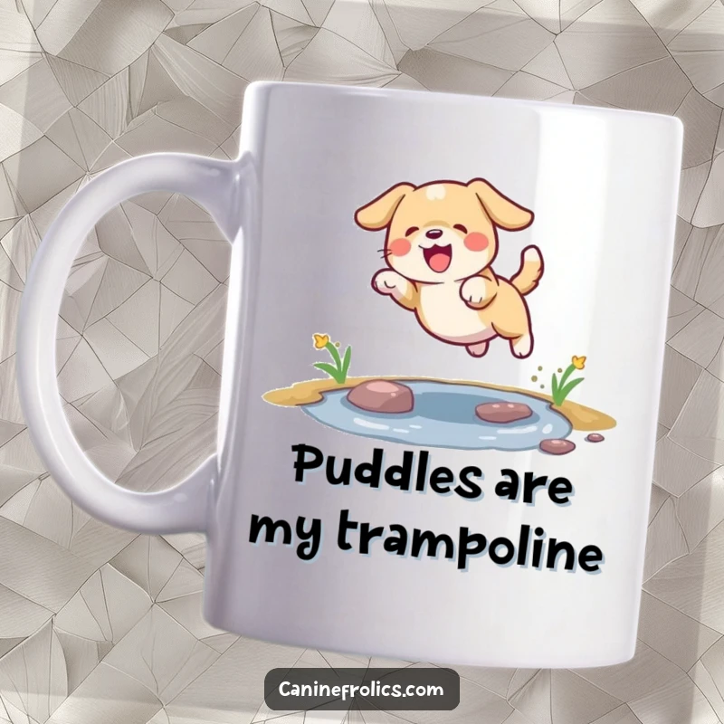 Funny dog mug depicting a dog leaping joyfully over a small puddle with excitement.