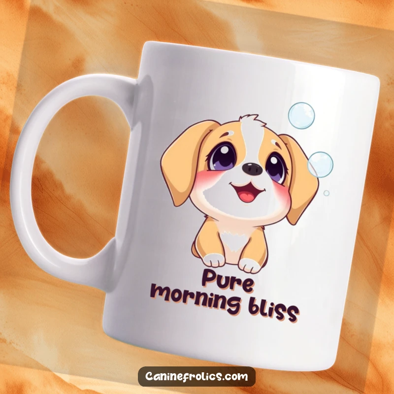 Funny dog mug showing a dog with wide, delighted eyes, captivated by colorful bubbles floating gracefully in the air.