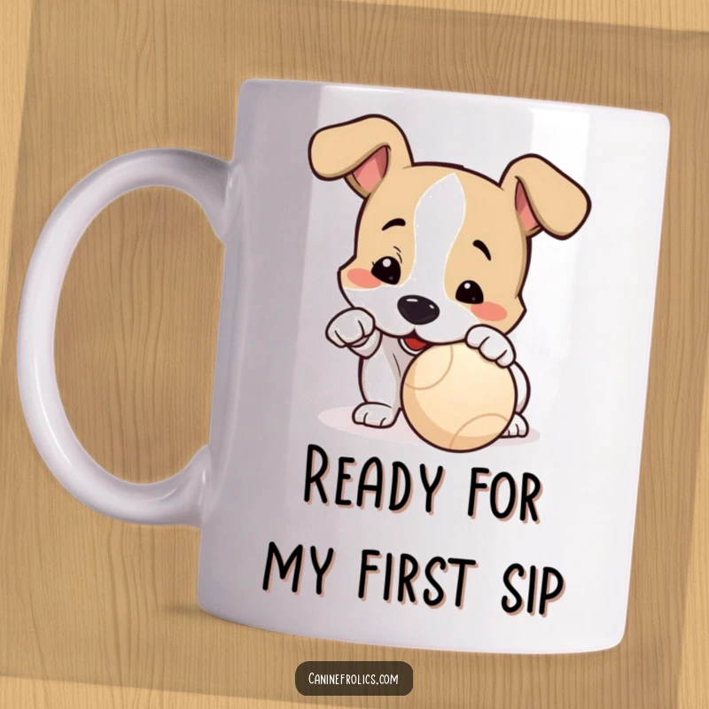 Funny Mug: An eager dog playfully nudges a ball with its nose, ready for action in a scene of pure, hilarious anticipation.