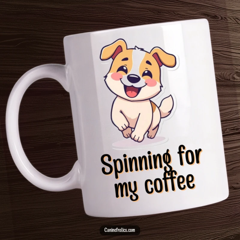 Funny mug featuring a dog character with a cheerful grin, chasing its tail in a comical circle, radiating pure silliness.