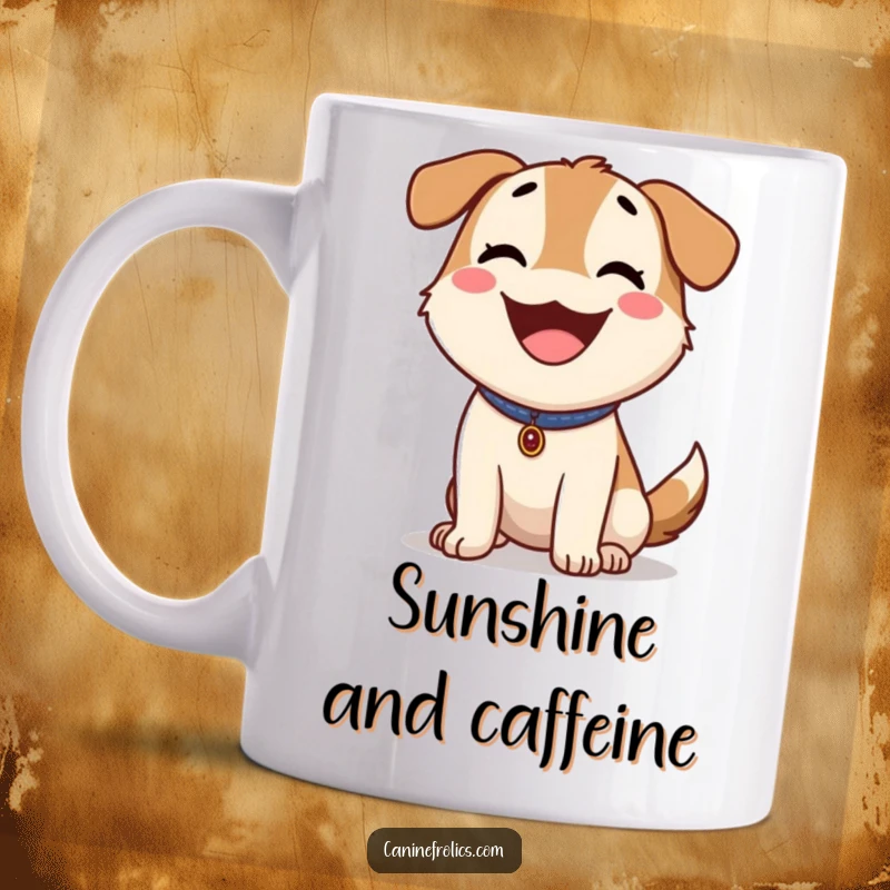 Funny Dog Mug: Happy dog panting with tongue out, enjoying a sunny day, conveying pure canine bliss and outdoor fun.