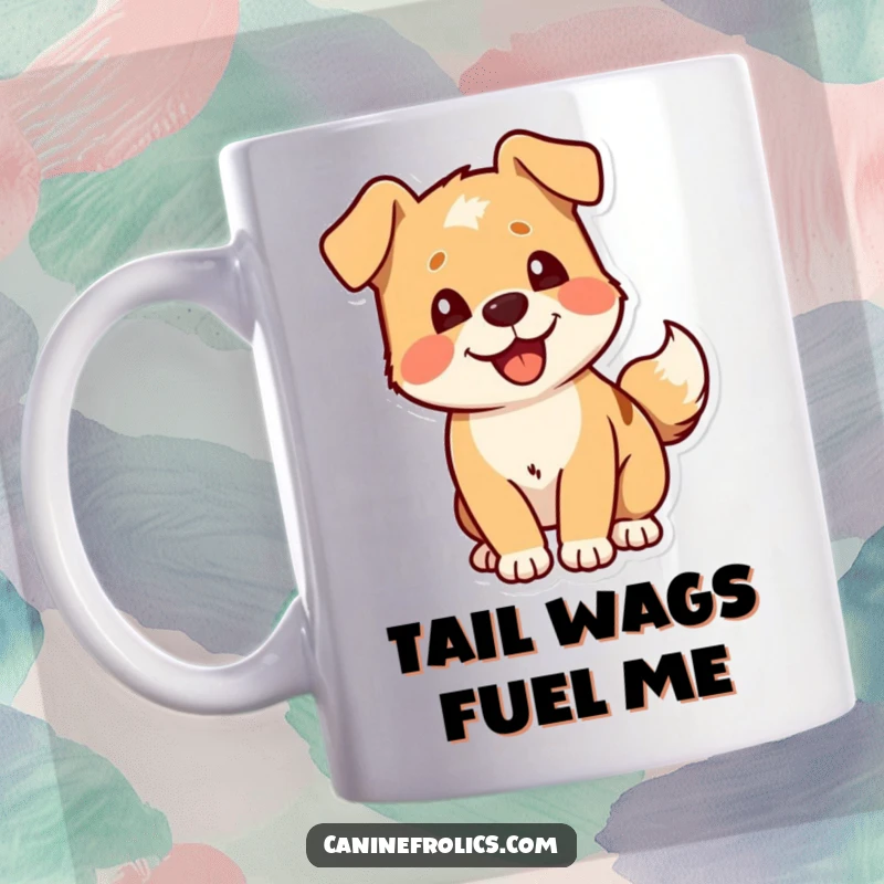Funny Dog Mug: A dog character's tail wagging furiously with pure, unadulterated delight and happiness, bringing smiles.