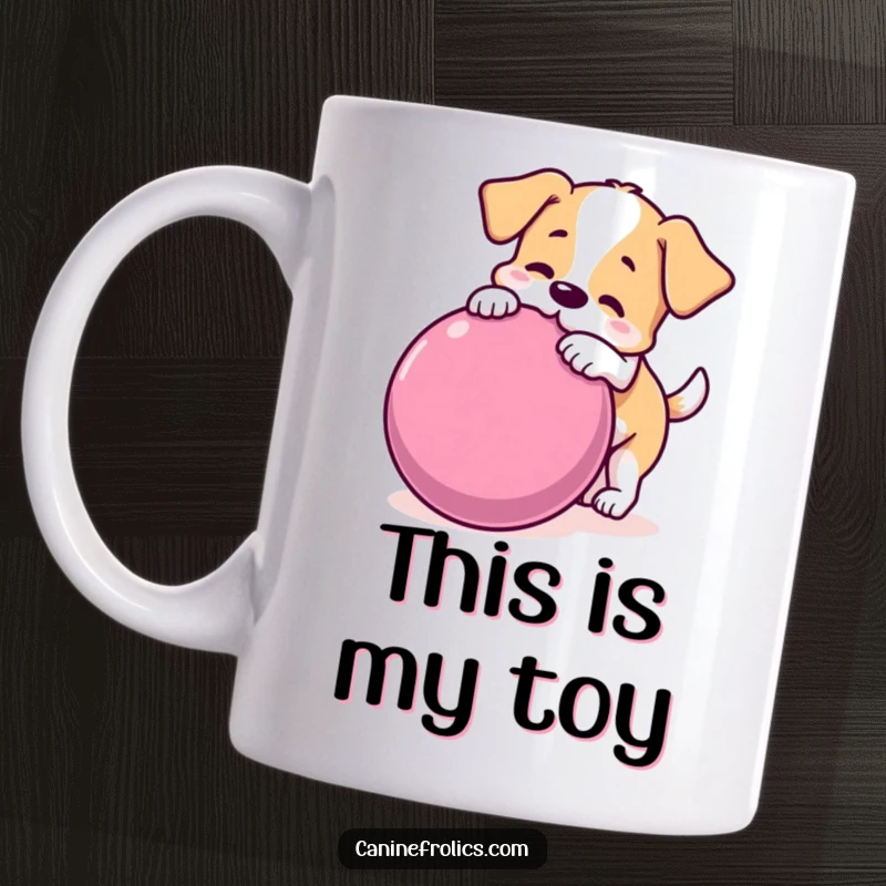 Funny dog mug showing a playful dog enthusiastically nudging a large, rolling ball with its nose, full of glee.