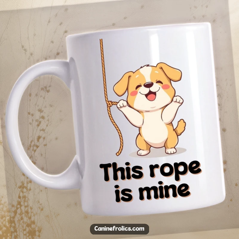 Funny Dog Toy Mug, showing an energetic dog playfully batting at a dangling rope with enthusiasm and joy.