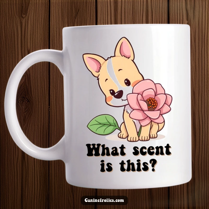Funny mug featuring a dog with a cute head tilt, sniffing intently at an oversized, vibrant flower, full of gentle curiosity.