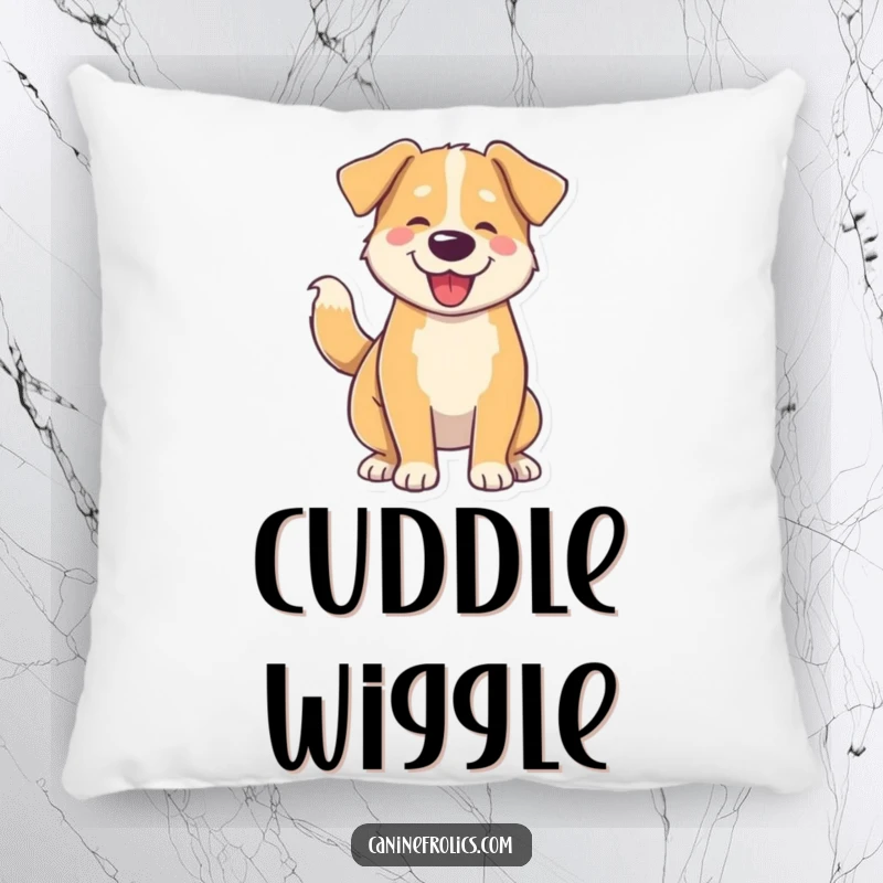 Funny pillow design of a dog whose tail wagging makes its entire body shake with pure, infectious joy and excitement.