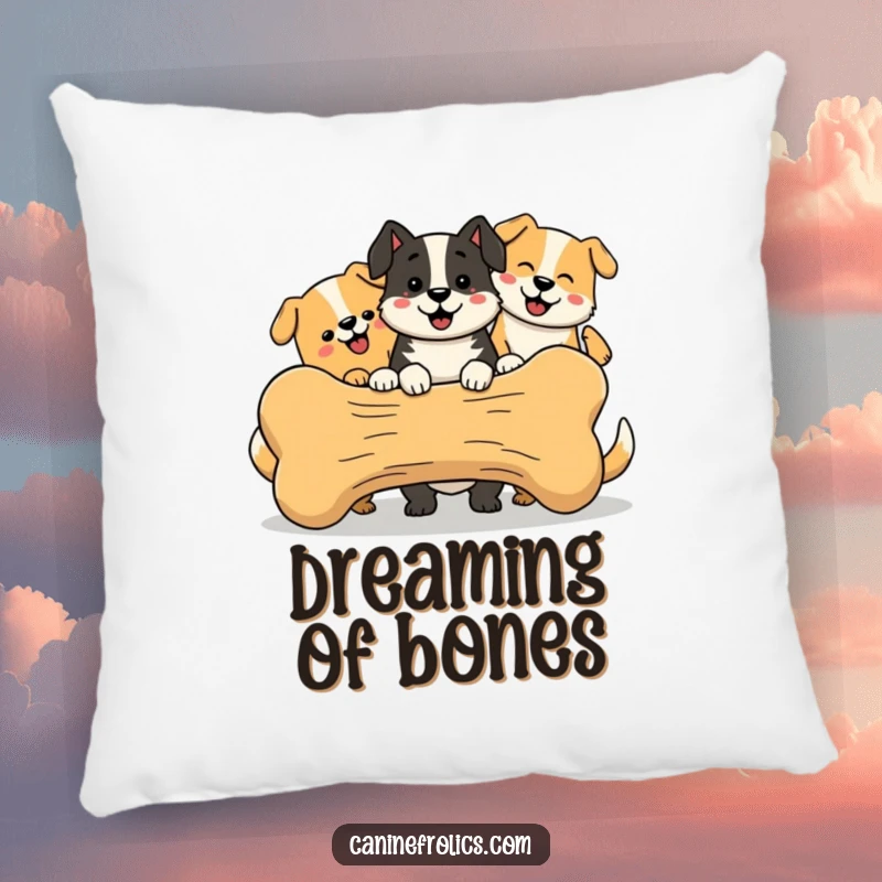 Funny Dog Pillow, a soft cushion featuring simplified, happy dogs sharing a large bone, symbolizing friendship and joy.