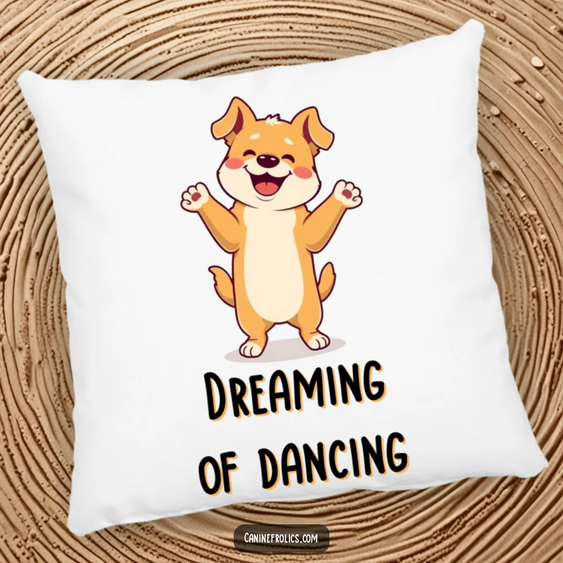 Funny Pillow: A cute dog is doing a silly happy dance on its hind legs, paws waving in the air with pure excitement.