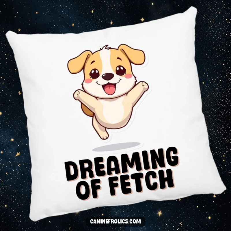Funny dog pillow with a stylized dog character bounding joyfully, perfect for adding comfort and humor to any living space.