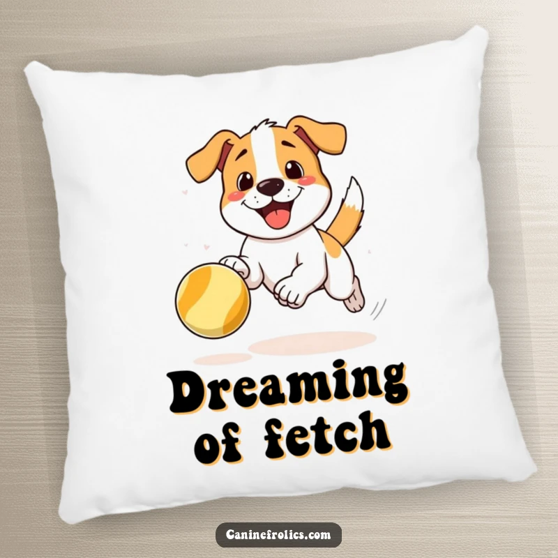 Funny throw pillow showcasing a dog joyfully chasing a bouncing ball, offering comfort with a side of energetic humor.