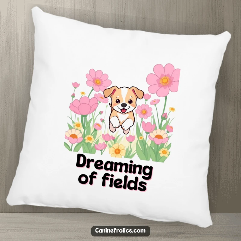 Funny pillow featuring a happy dog puppy mid-leap through a field of giant, vibrant flowers, bringing a touch of playful charm indoors.