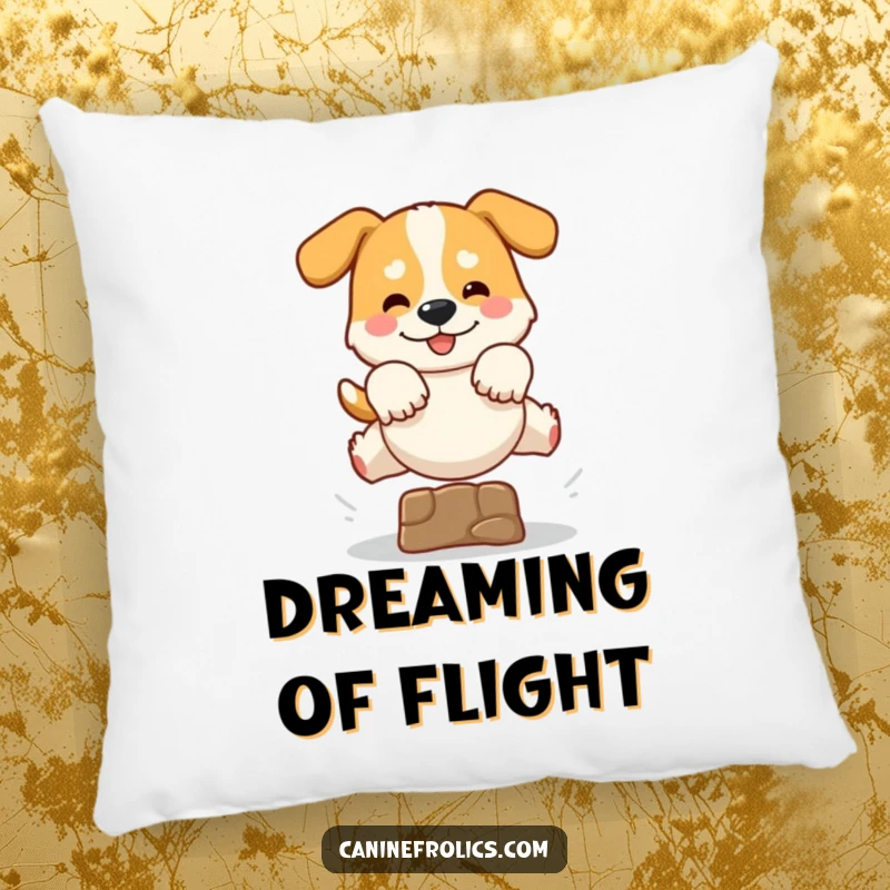 Funny pillow showcasing a dog in a comical, dynamic leap over a small obstacle, paws outstretched, capturing a moment of pure, joyful action.